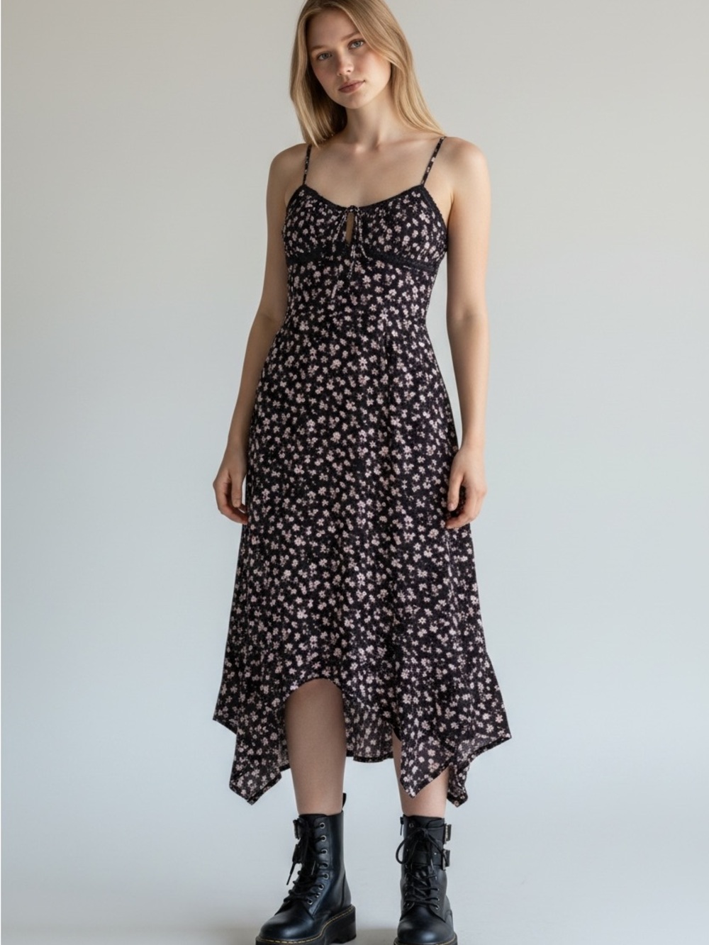 Planet Heart Black Floral Lace Trim Cottagecore Slip Midi Dress Size XL